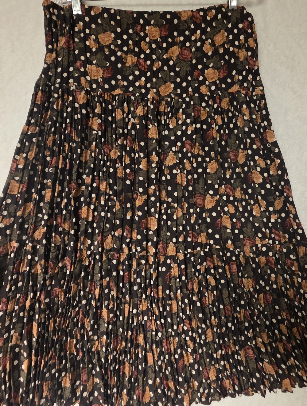 Vintage  80's Maxi Pleated Skirt Brown Cream Floral Polka Dot Made In USA Size L